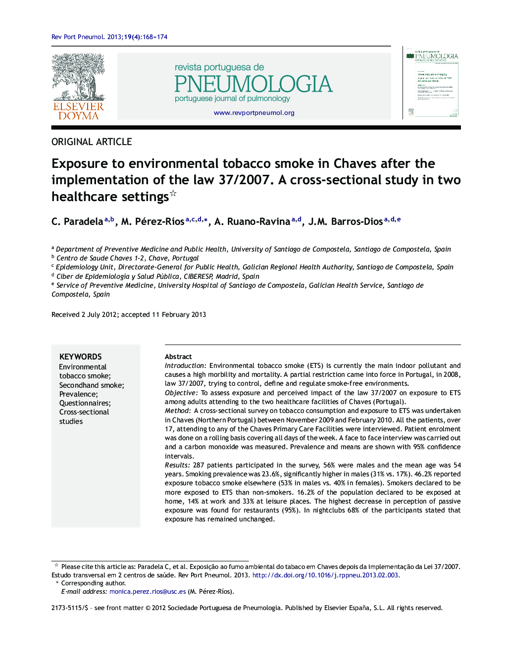 Exposure to environmental tobacco smoke in Chaves after the implementation of the law 37/2007. A cross-sectional study in two healthcare settings