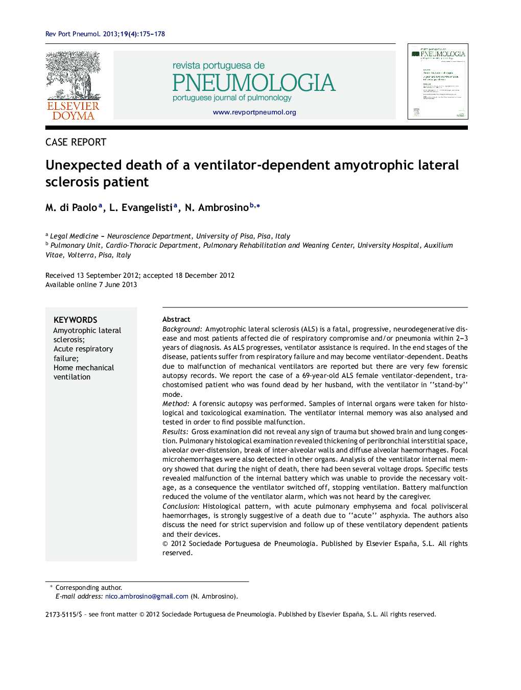 Unexpected death of a ventilator-dependent amyotrophic lateral sclerosis patient