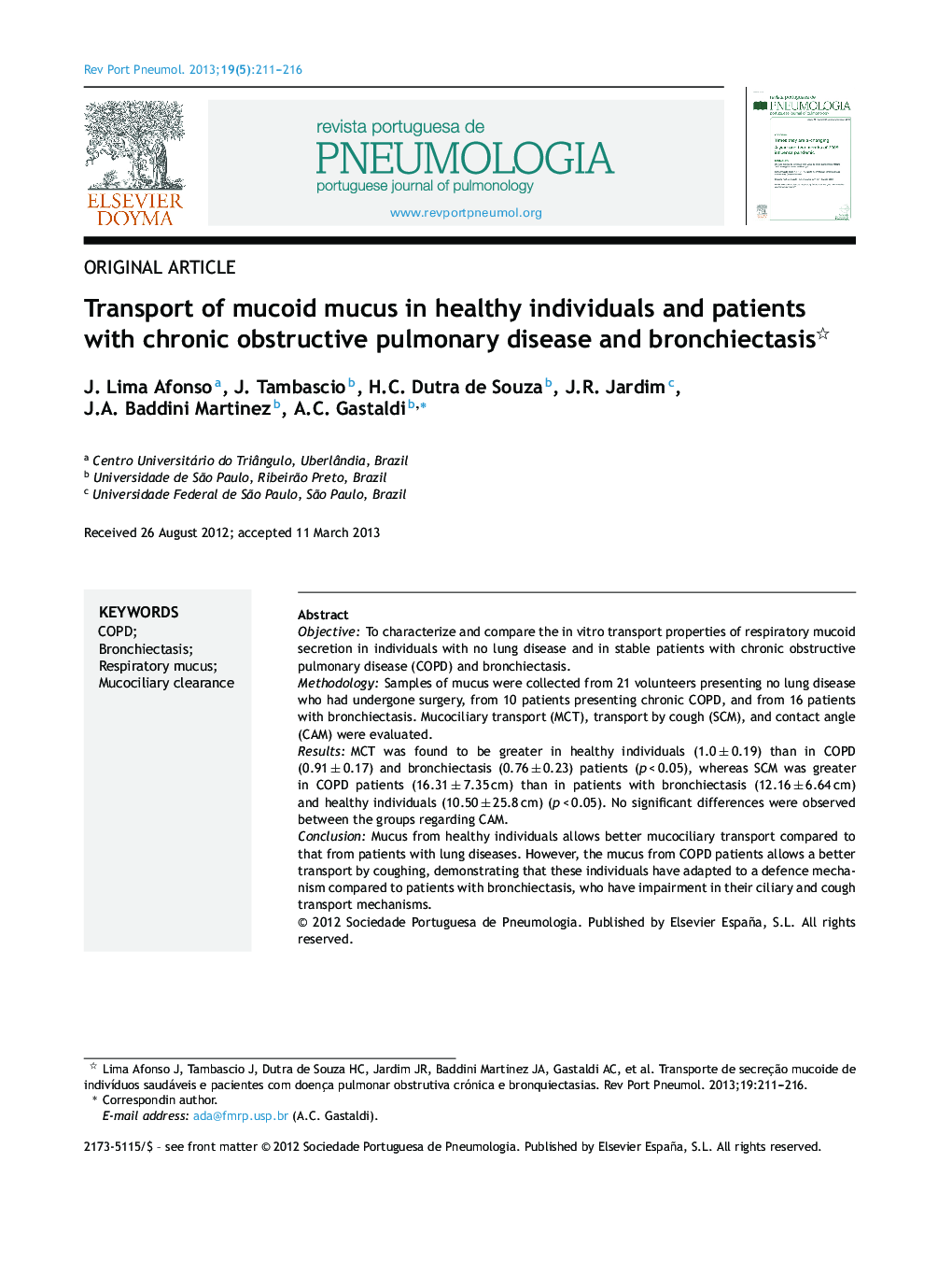 Transport of mucoid mucus in healthy individuals and patients with chronic obstructive pulmonary disease and bronchiectasis