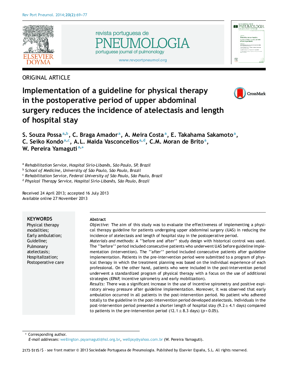 Implementation of a guideline for physical therapy in the postoperative period of upper abdominal surgery reduces the incidence of atelectasis and length of hospital stay