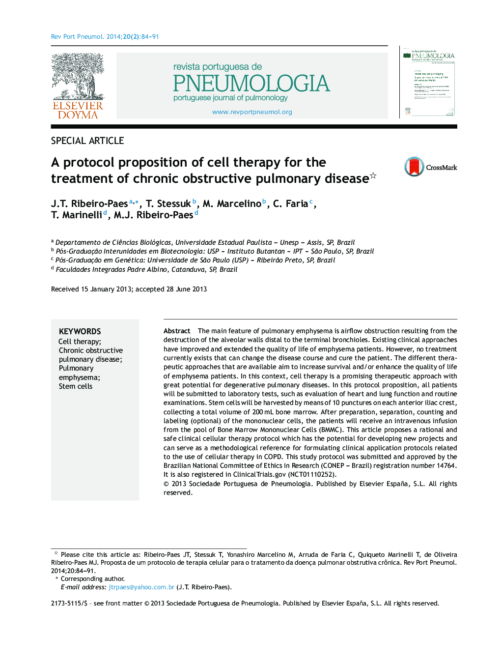 A protocol proposition of cell therapy for the treatment of chronic obstructive pulmonary disease