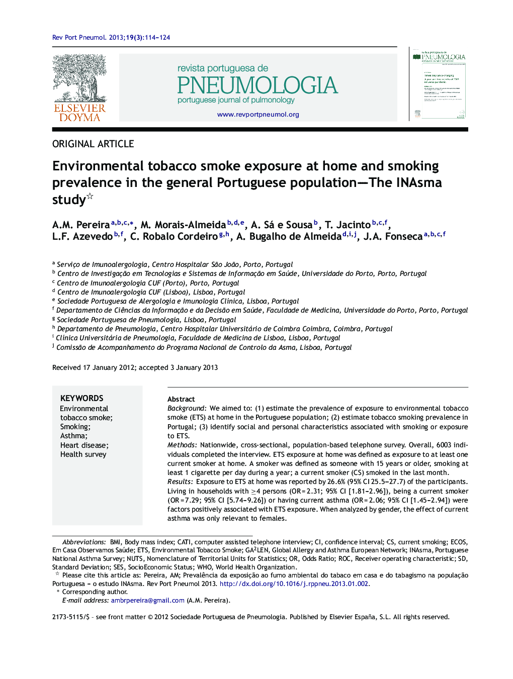 Environmental tobacco smoke exposure at home and smoking prevalence in the general Portuguese population-The INAsma study