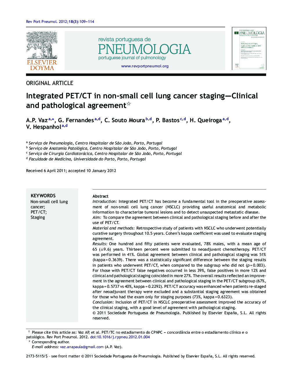 Integrated PET/CT in non-small cell lung cancer staging-Clinical and pathological agreement