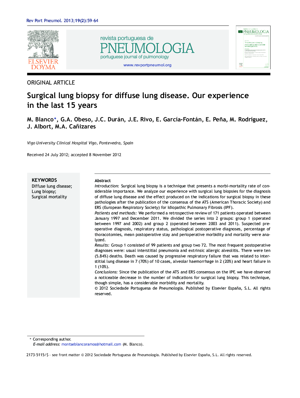 Surgical lung biopsy for diffuse lung disease. Our experience in the last 15 years