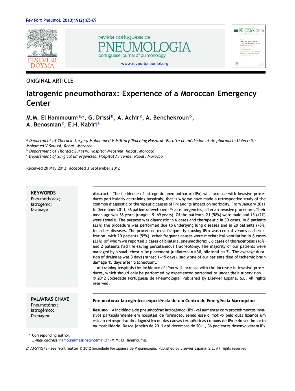 Iatrogenic pneumothorax: experience of a Moroccan Emergency Center