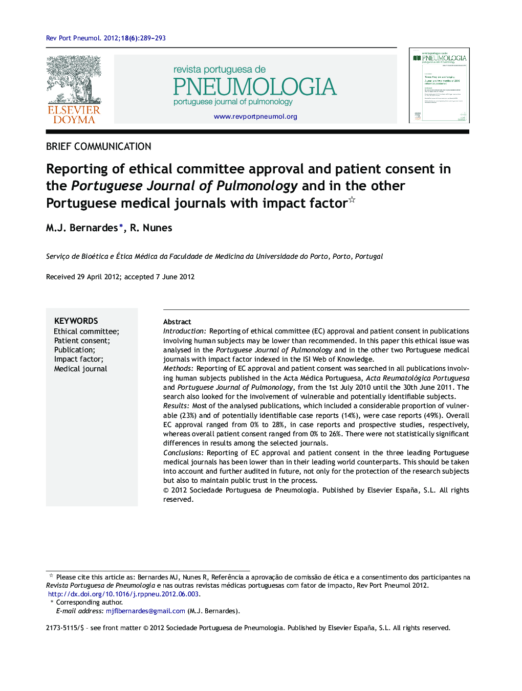 Reporting of ethical committee approval and patient consent in the Portuguese Journal of Pulmonology and in the other Portuguese medical journals with impact factor