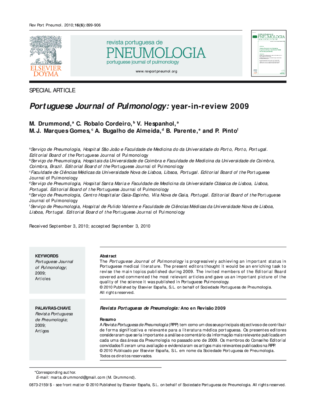 Portuguese Journal of Pulmonology: Year-in-review 2009