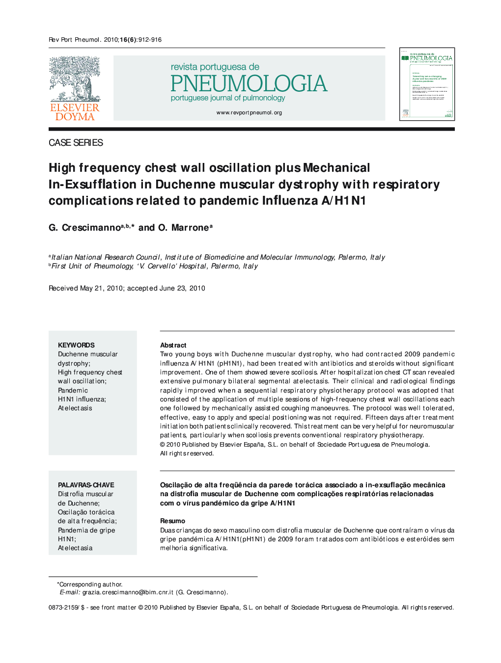 High frequency chest wall oscillation plus Mechanical In-Exsufflation in Duchenne muscular dystrophy with respiratory complications related to pandemic Influenza A/H1N1