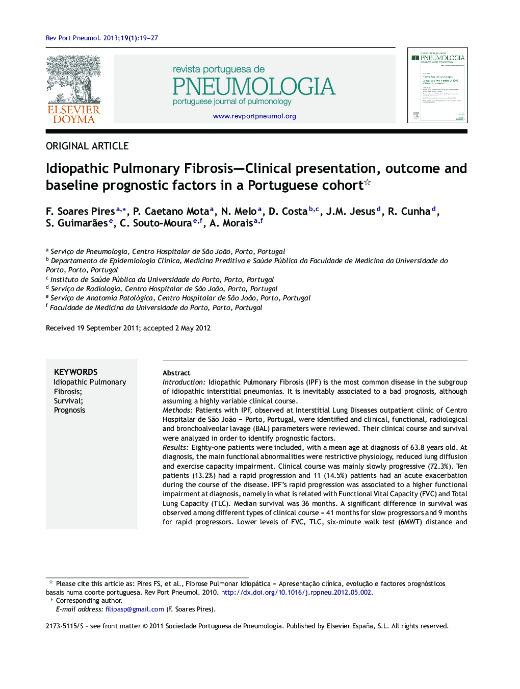 Idiopathic Pulmonary Fibrosis-Clinical presentation, outcome and baseline prognostic factors in a Portuguese cohort