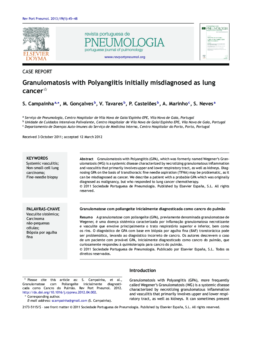 Granulomatosis with Polyangiitis initially misdiagnosed as lung cancer