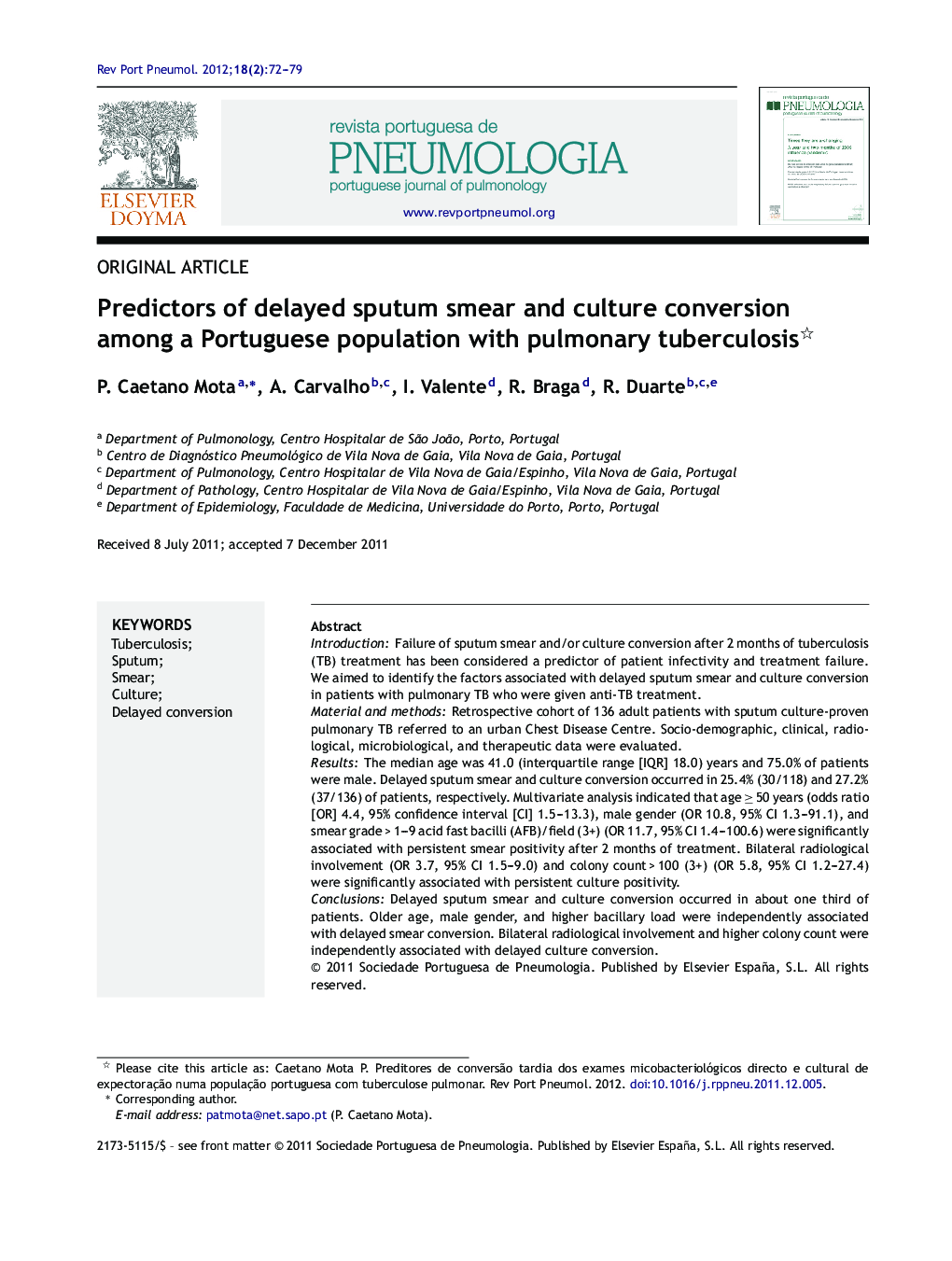 Predictors of delayed sputum smear and culture conversion among a Portuguese population with pulmonary tuberculosis 