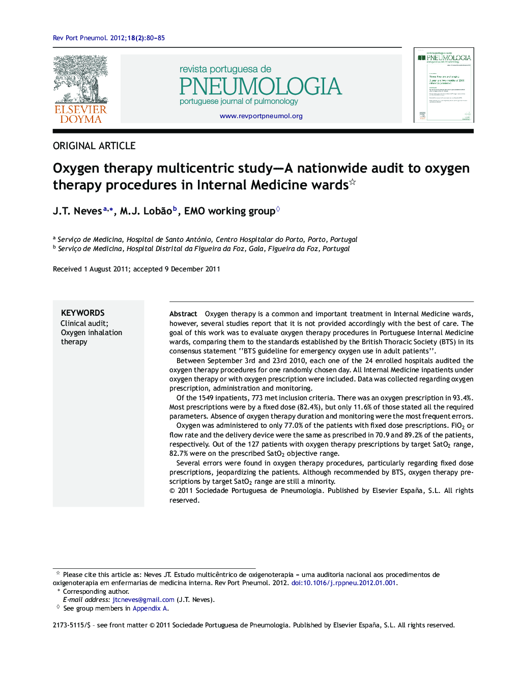 Oxygen therapy multicentric study—A nationwide audit to oxygen therapy procedures in Internal Medicine wards 