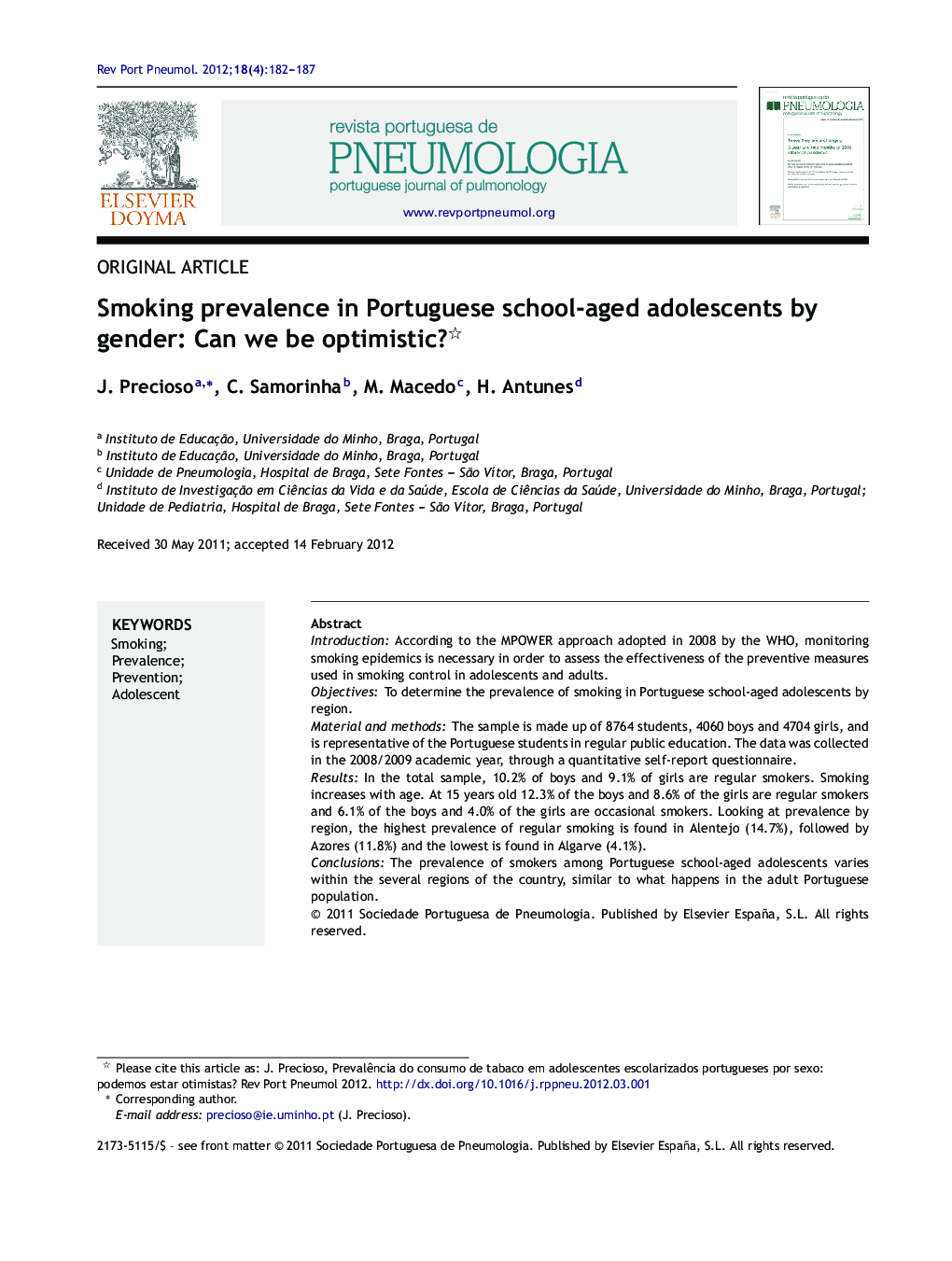 Smoking prevalence in Portuguese school-aged adolescents by gender: Can we be optimistic?