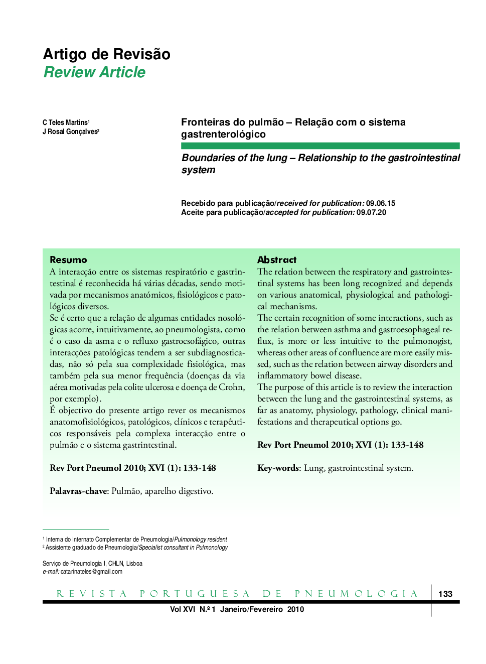 Fronteiras do pulmão – Relação com o sistema gastrenterológico