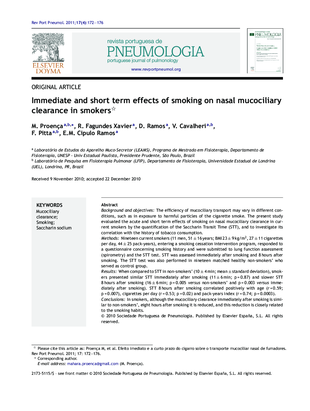 Immediate and short term effects of smoking on nasal mucociliary clearance in smokers