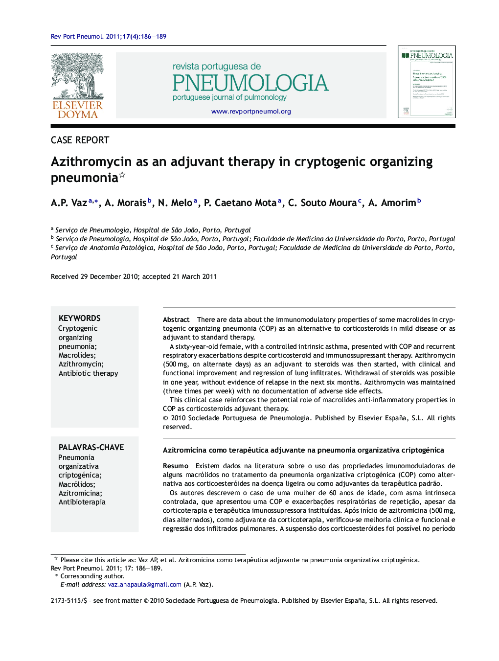 Azithromycin as an adjuvant therapy in cryptogenic organizing pneumonia