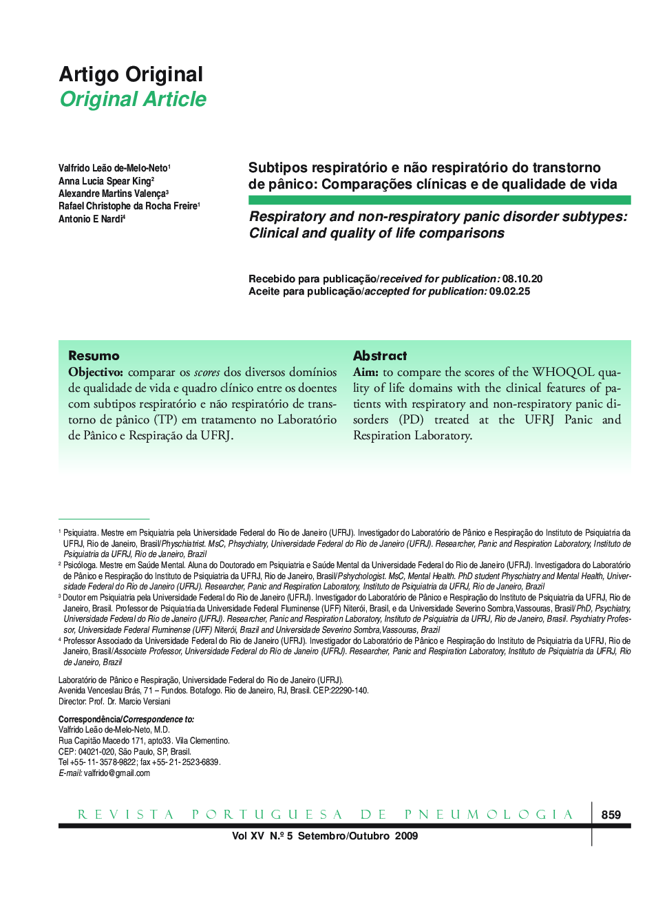 Respiratory and non-respiratory panic disorder subtypes: Clinical and quality of life comparisons