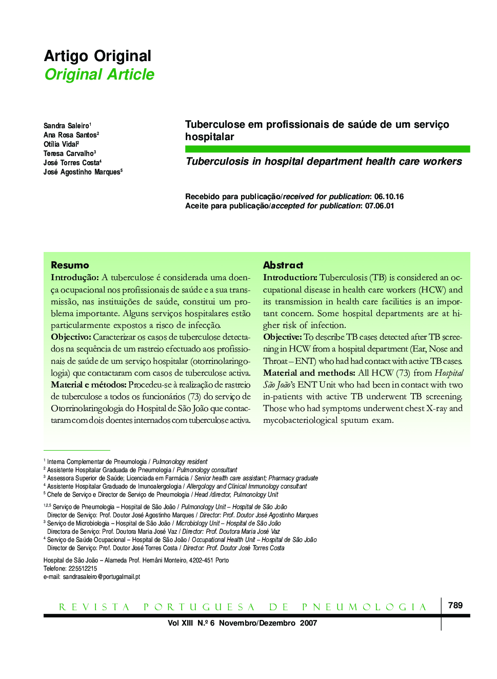 Tuberculosis in hospital department health care workers