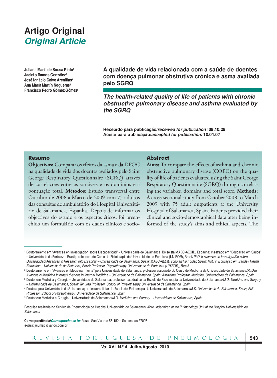 The health-related quality of life of patients with chronic obstructive pulmonary disease and asthma evaluated by the SGRQ