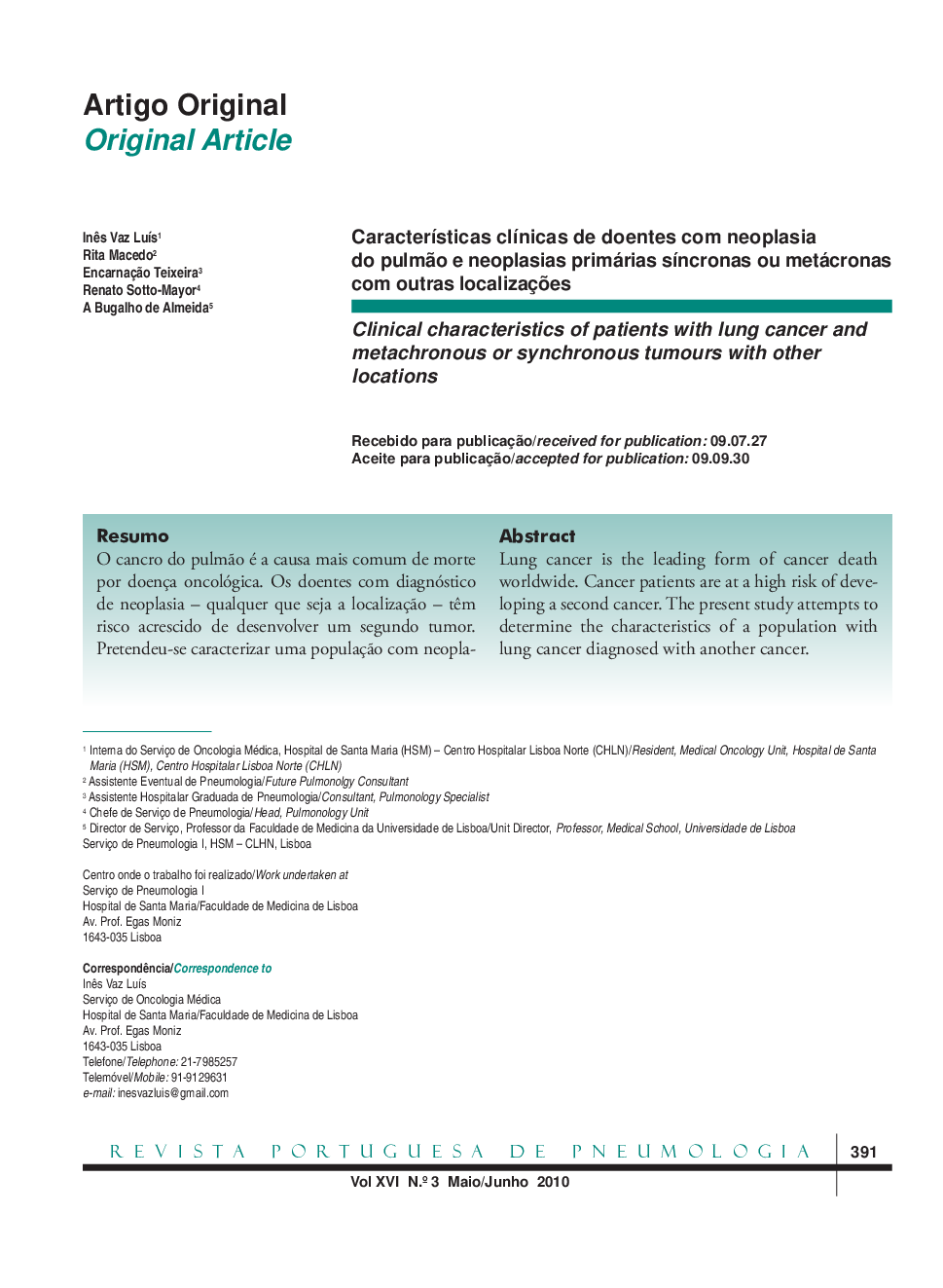 Características clínicas de doentes com neoplasia do pulmão e neoplasias primárias síncronas ou metácronas com outras localizações