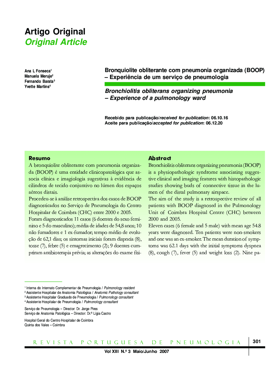 Bronchiolitis obliterans organizing pneumonia–Experience of a pulmonology ward