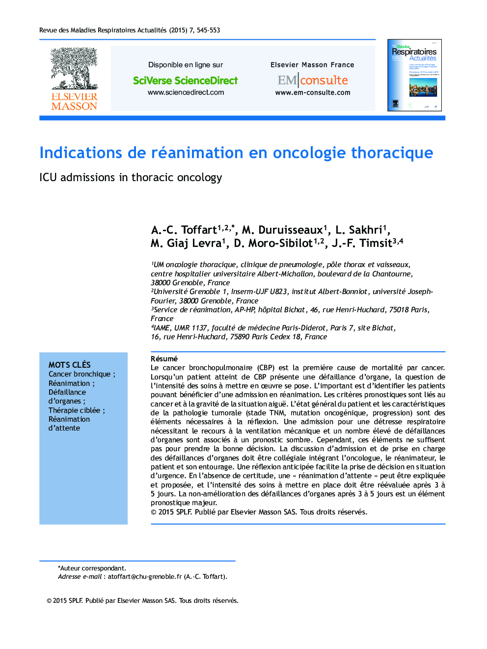 Indications de réanimation en oncologie thoracique