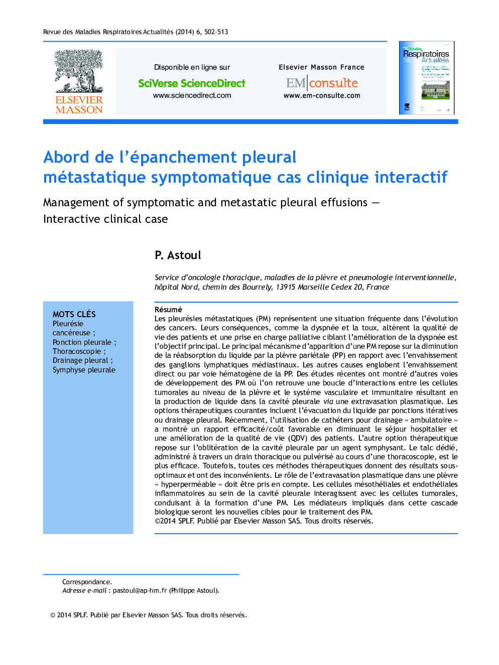 Abord de l'épanchement pleural métastatique symptomatique cas clinique interactif