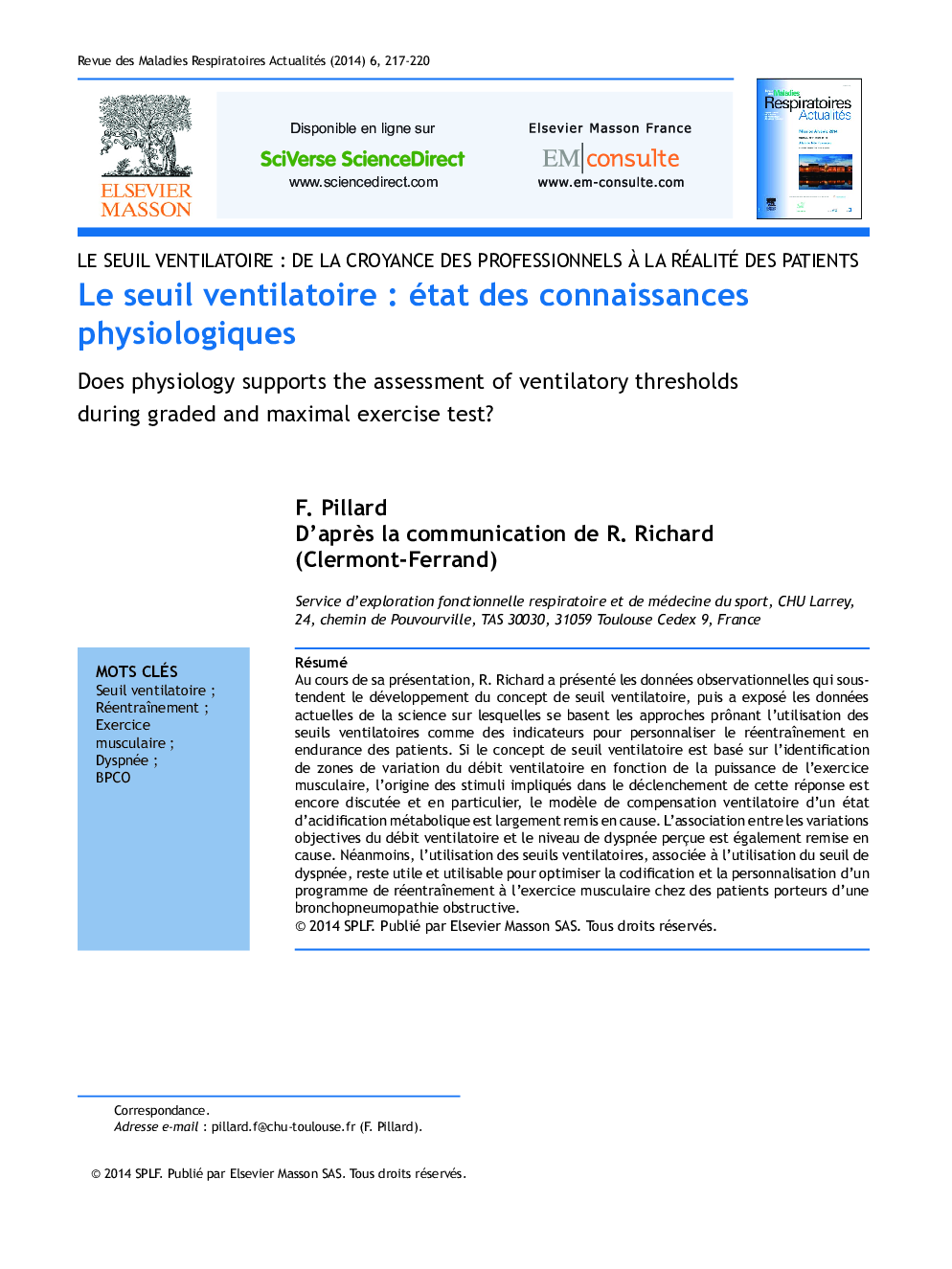 Le seuil ventilatoire : état des connaissances physiologiques