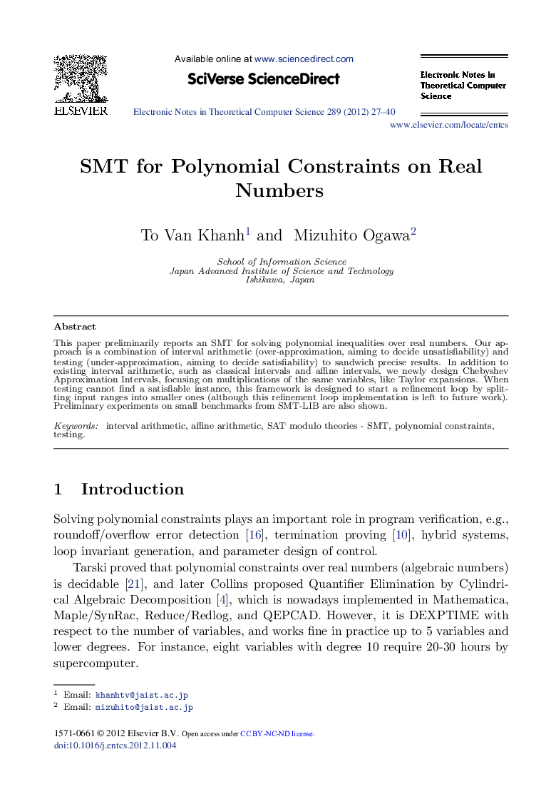 SMT for Polynomial Constraints on Real Numbers