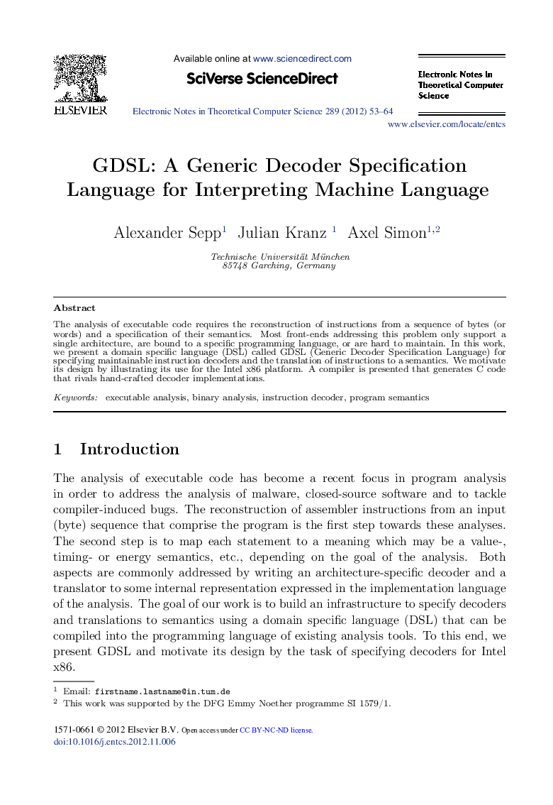 GDSL: A Generic Decoder Specification Language for Interpreting Machine Language
