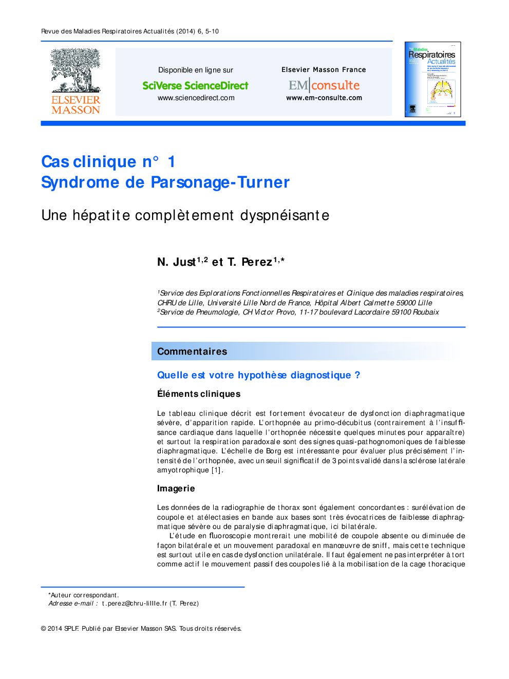عکس صفحه اول مقاله: Cas clinique n° 1 Syndrome de Parsonage-Turner Cas clinique n° 1 Syndrome de Parsonage-Turner