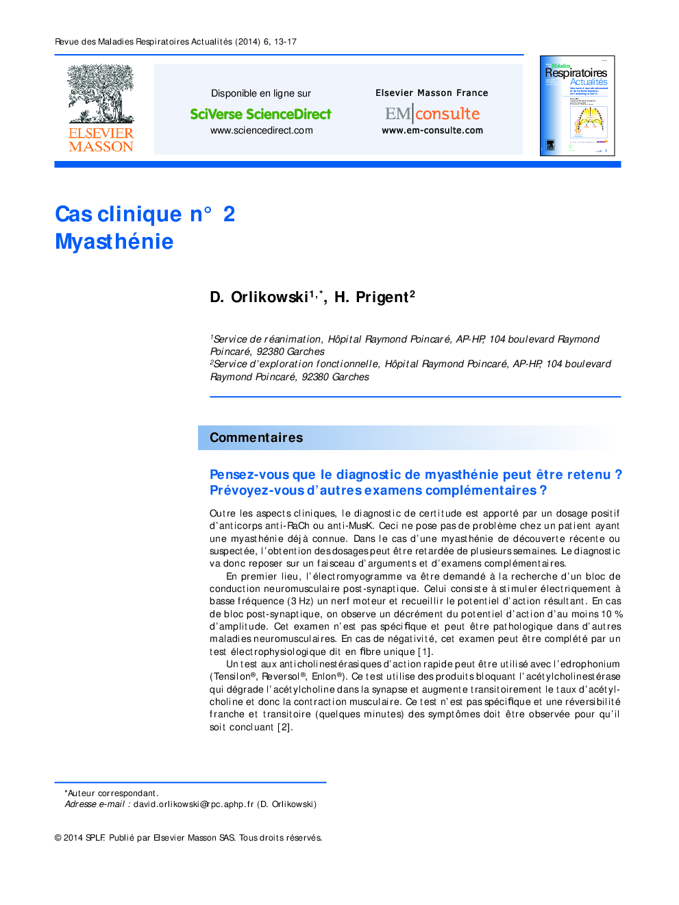 عکس صفحه اول مقاله: Cas clinique n° 2 Myasthénie Cas clinique n° 2 Myasthénie