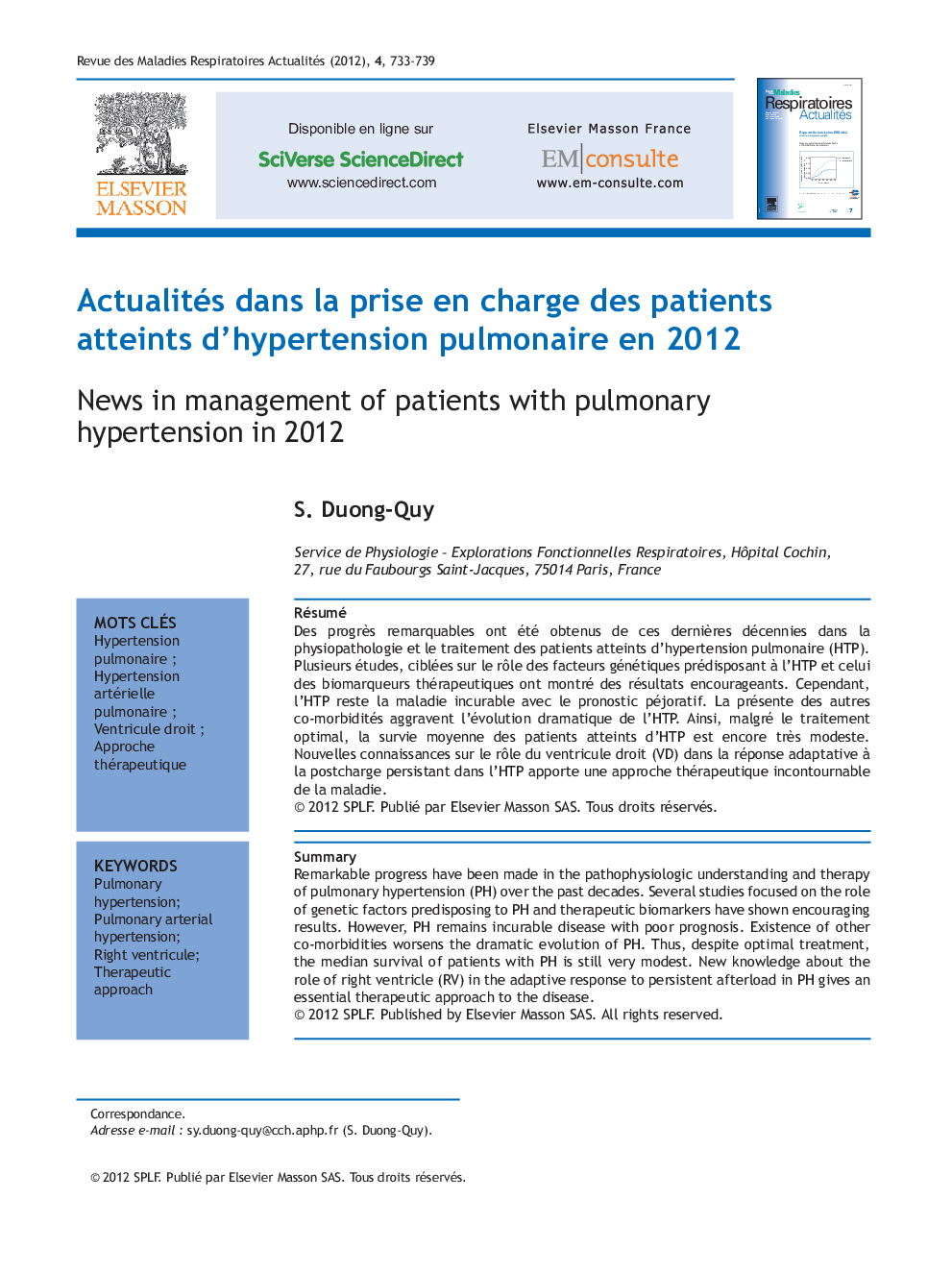 Actualités dans la prise en charge des patients atteints d'hypertension pulmonaire en 2012