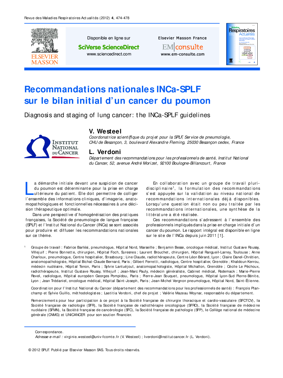 Recommandations nationales INCa-SPLF sur le bilan initial d'un cancer du poumon