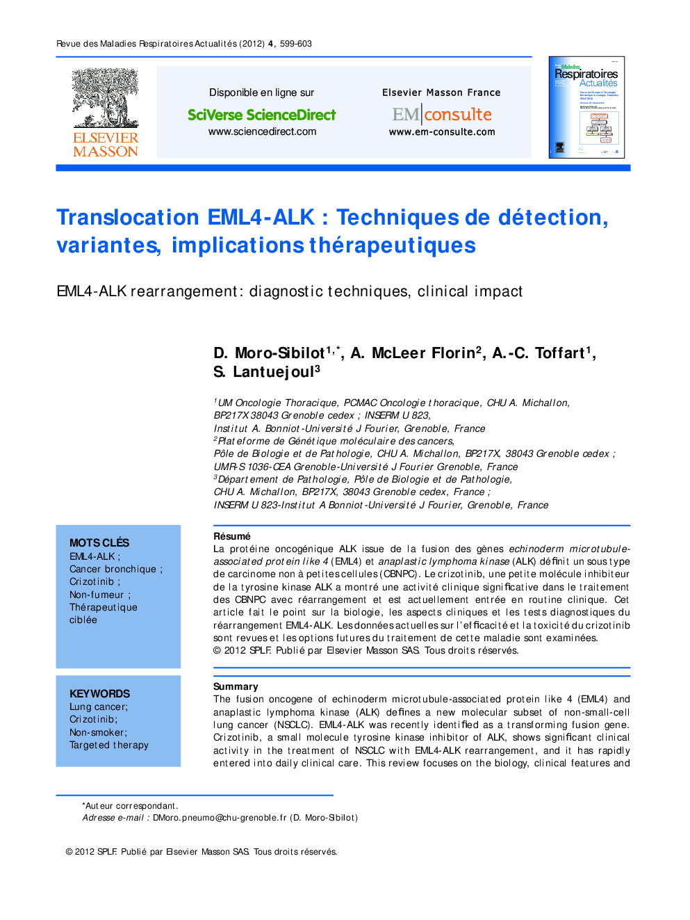 Translocation EML4-ALK : Techniques de détection, variantes, implications thérapeutiques