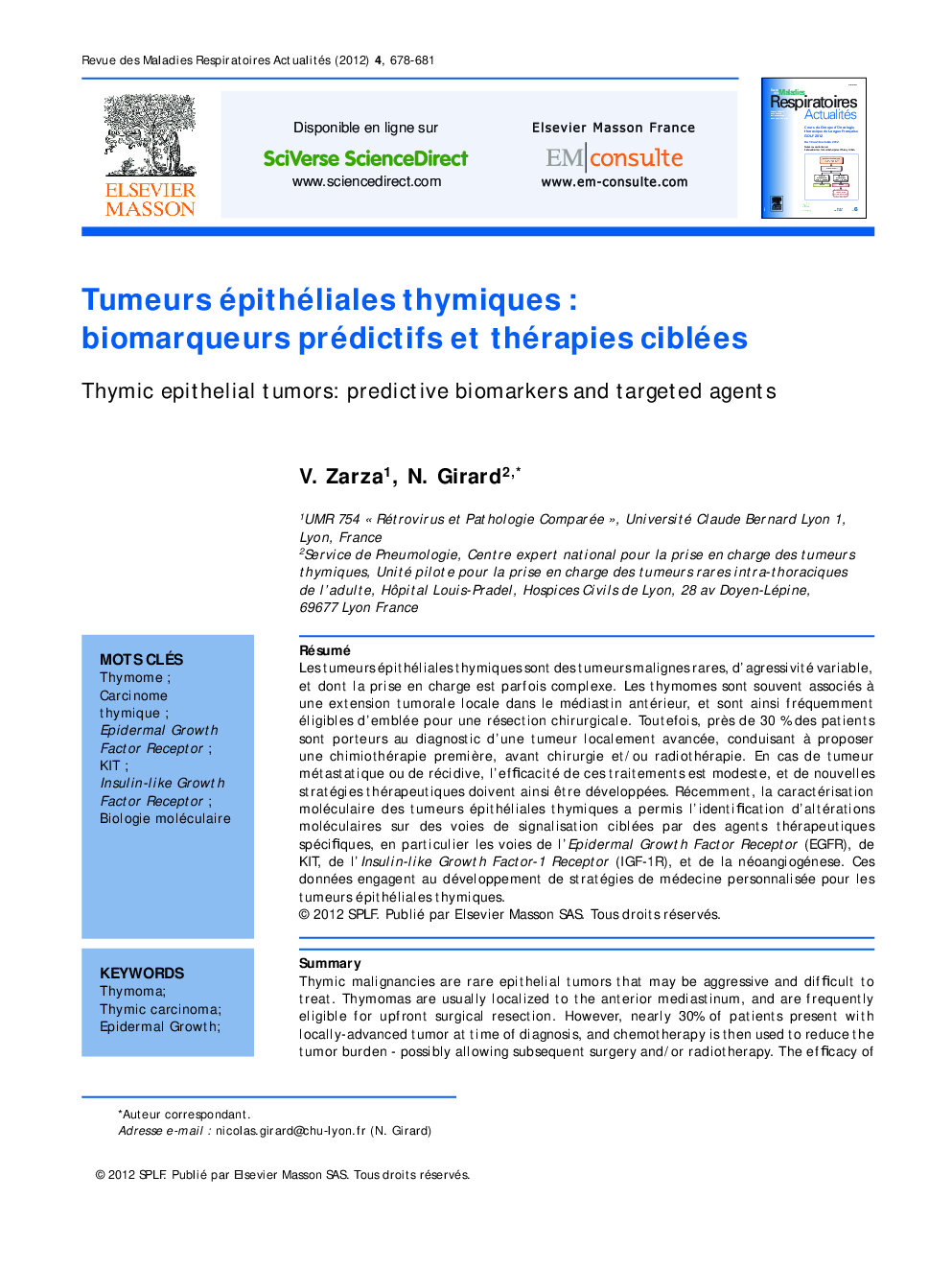 Tumeurs épithéliales thymiques : biomarqueurs prédictifs et thérapies ciblées