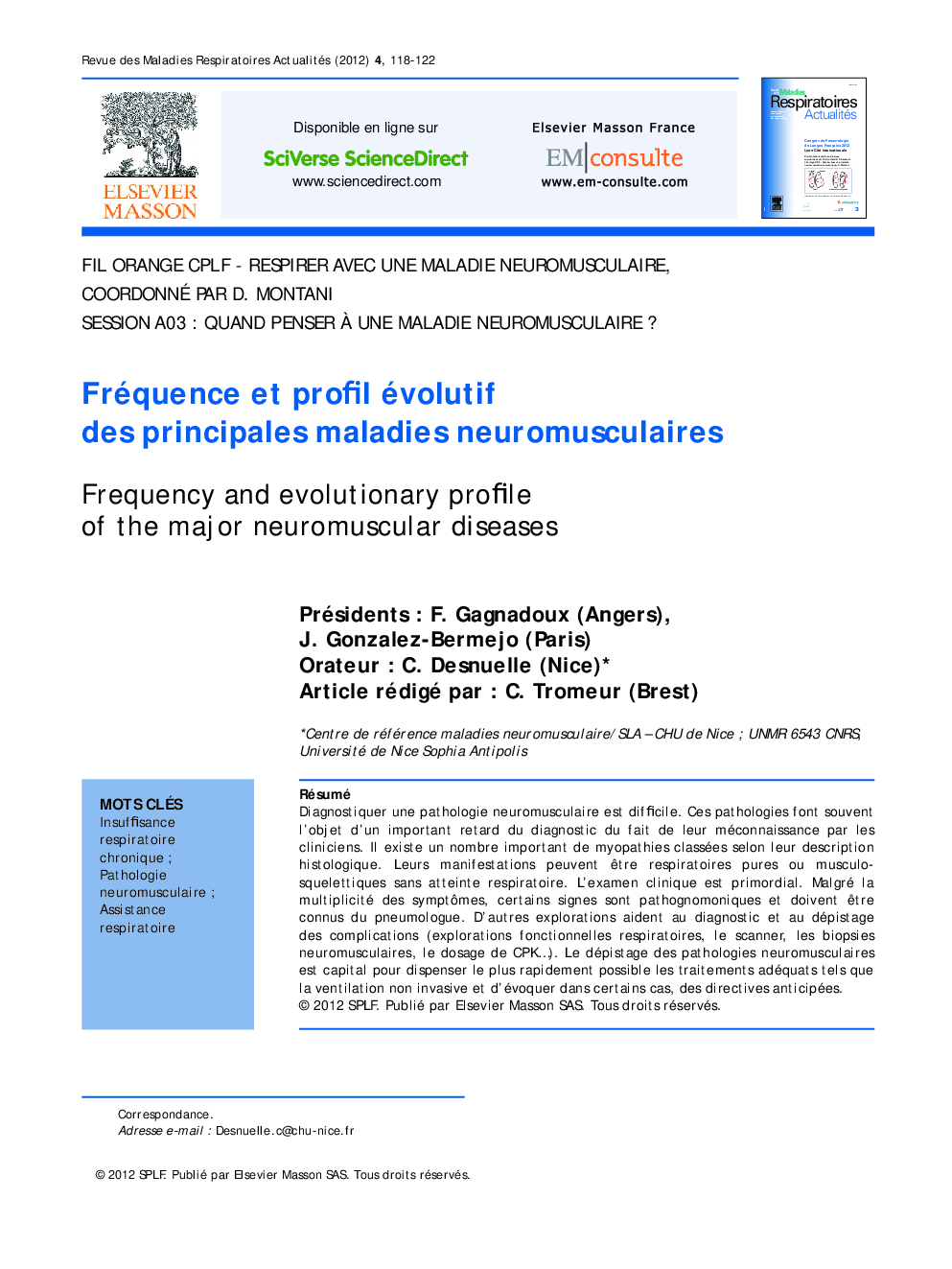 Fréquence et profil évolutif des principales maladies neuromusculaires