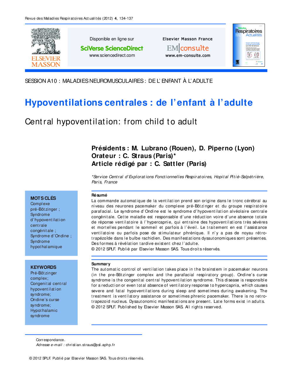 Hypoventilations centrales : de l'enfant Ã  l'adulte