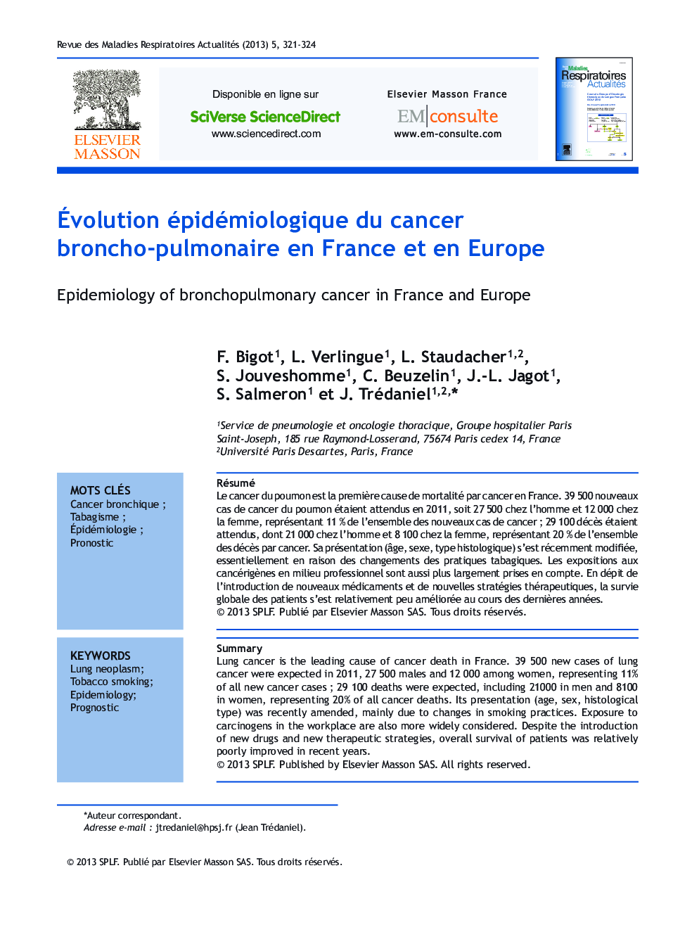 Ãvolution épidémiologique du cancer broncho-pulmonaire en France et en Europe