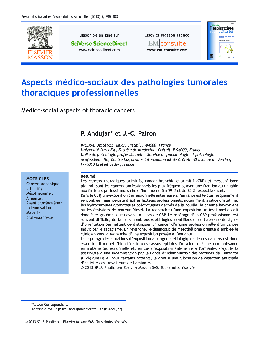 Aspects médico-sociaux des pathologies tumorales thoraciques professionnelles