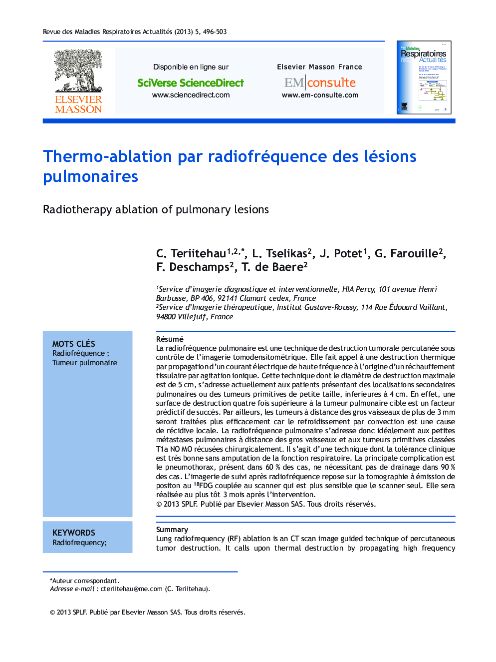 Thermo-ablation par radiofréquence des lésions pulmonaires