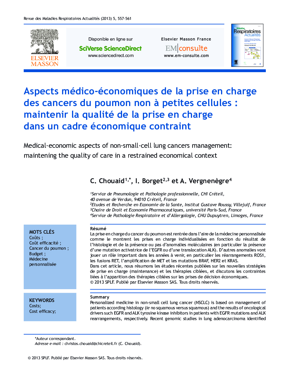 Aspects médico-économiques de la prise en charge des cancers du poumon non Ã  petites cellules : maintenir la qualité de la prise en charge dans un cadre économique contraint