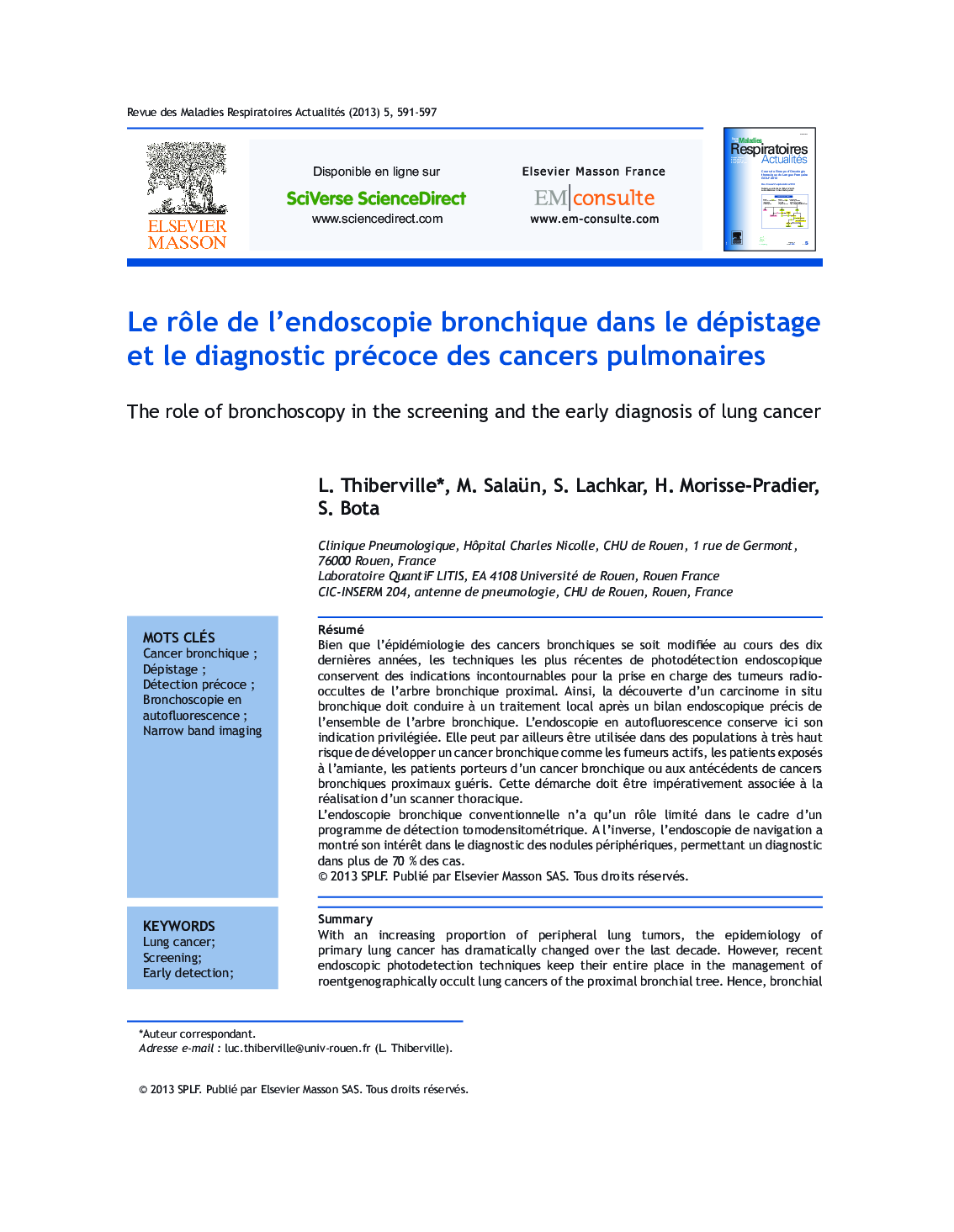 Le rÃ´le de l'endoscopie bronchique dans le dépistage et le diagnostic précoce des cancers pulmonaires