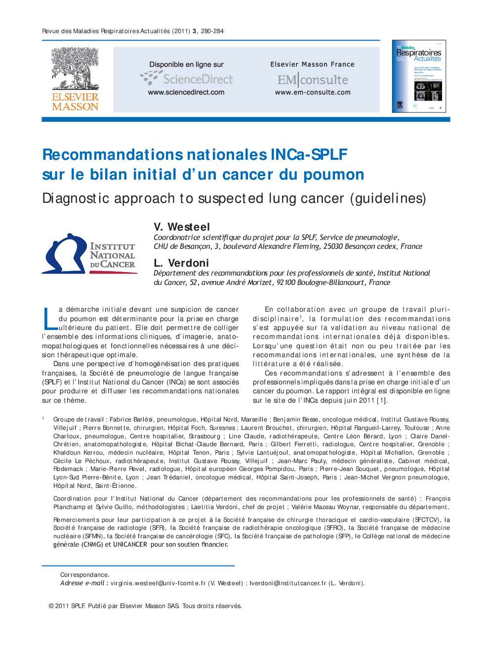 عکس صفحه اول مقاله: Recommandations nationales INCa-SPLF sur le bilan initial d'un cancer du poumon Recommandations nationales INCa-SPLF sur le bilan initial d'un cancer du poumon