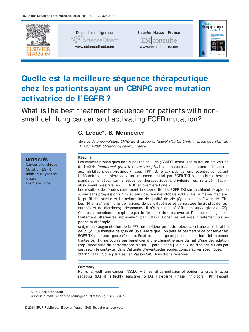 Quelle est la meilleure séquence thérapeutique chez les patients ayant un CBNPC avec mutation activatrice de l'EGFR ?