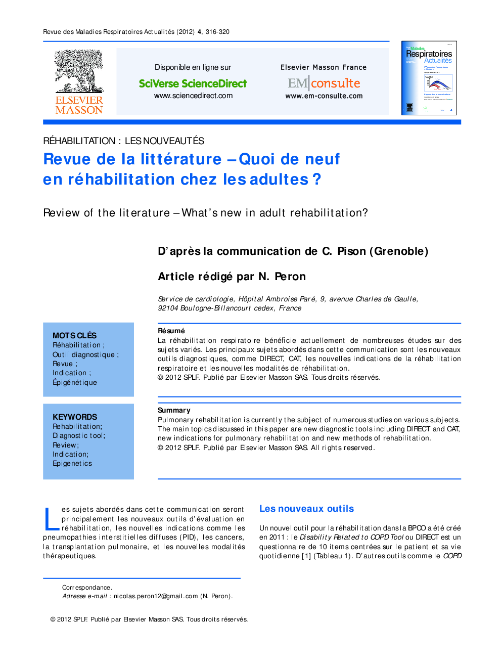 عکس صفحه اول مقاله: Revue de la littérature - Quoi de neuf en réhabilitation chez les adultes ? Revue de la littérature - Quoi de neuf en réhabilitation chez les adultes ?