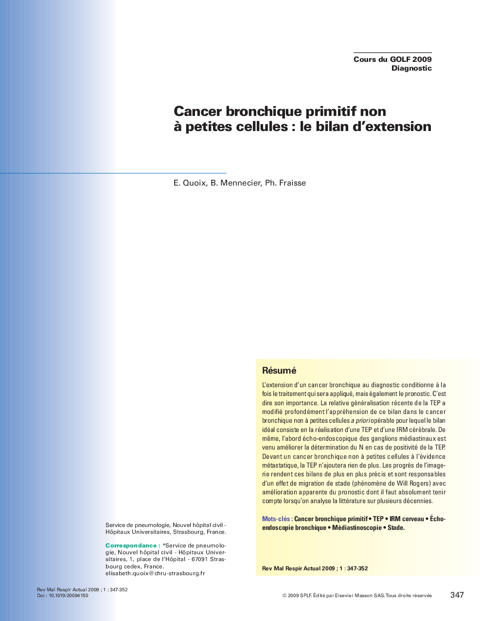 Cancer bronchique primitif non Ã  petites cellules : le bilan d'extension