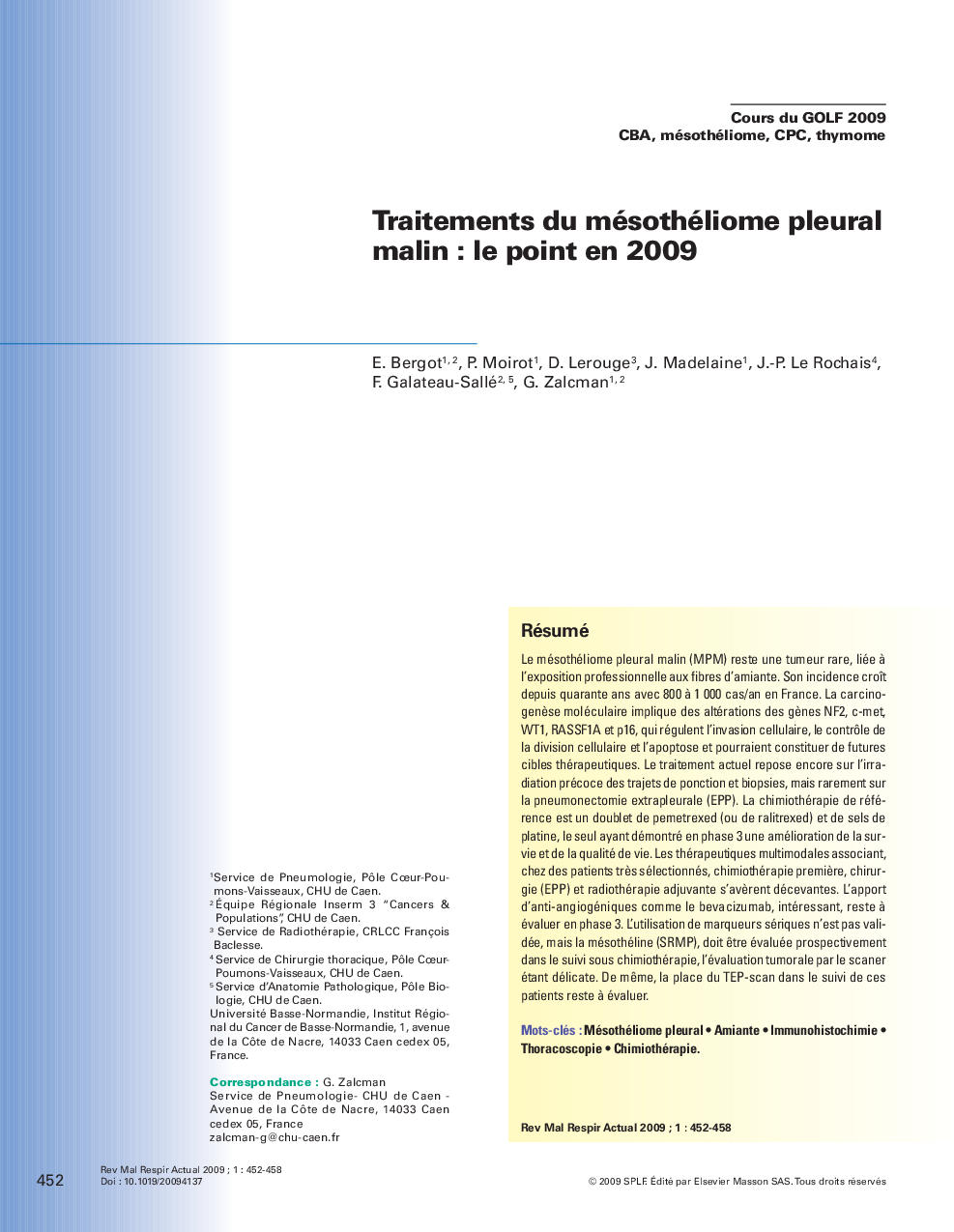 Traitements du mésothéliome pleural malin : le point en 2009