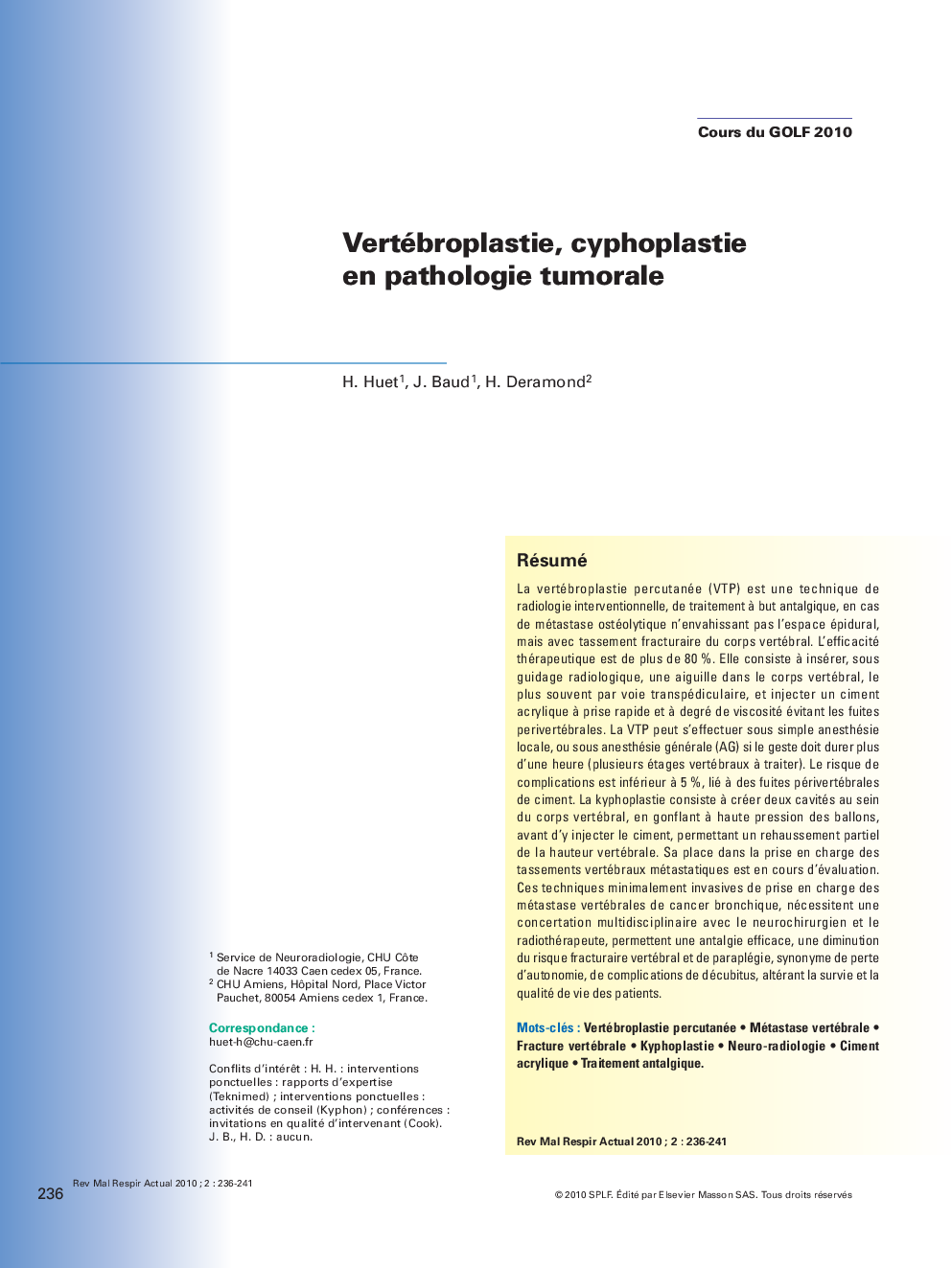 Vertébroplastie, cyphoplastie en pathologie tumorale