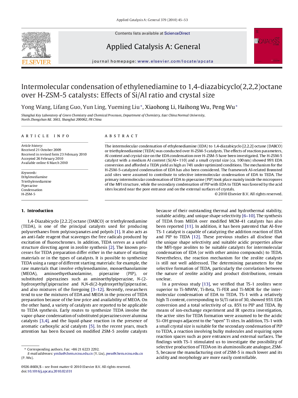 Intermolecular condensation of ethylenediamine to 1,4-diazabicyclo(2,2,2)octane over H-ZSM-5 catalysts: Effects of Si/Al ratio and crystal size